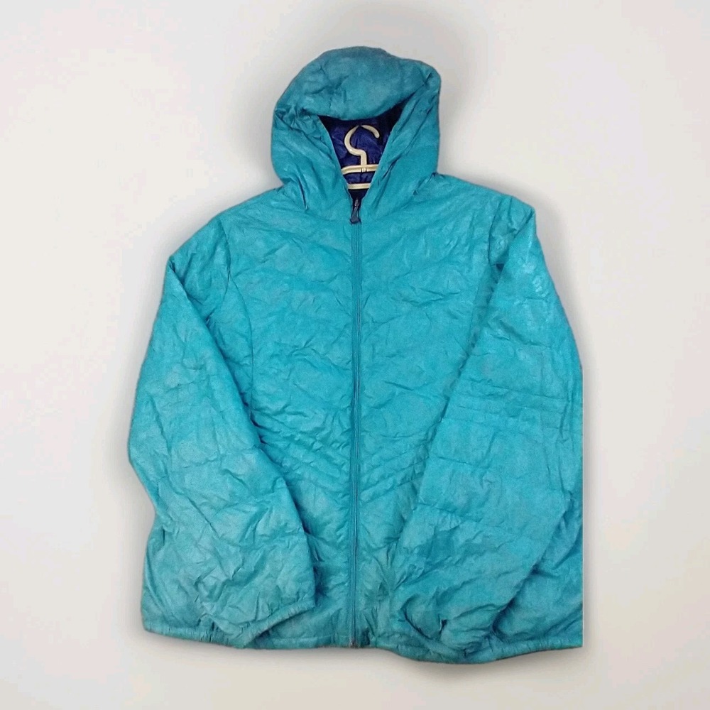 Xersion Packable Premium Down Jacket Teal Blue Hooded Puffer Womens XL